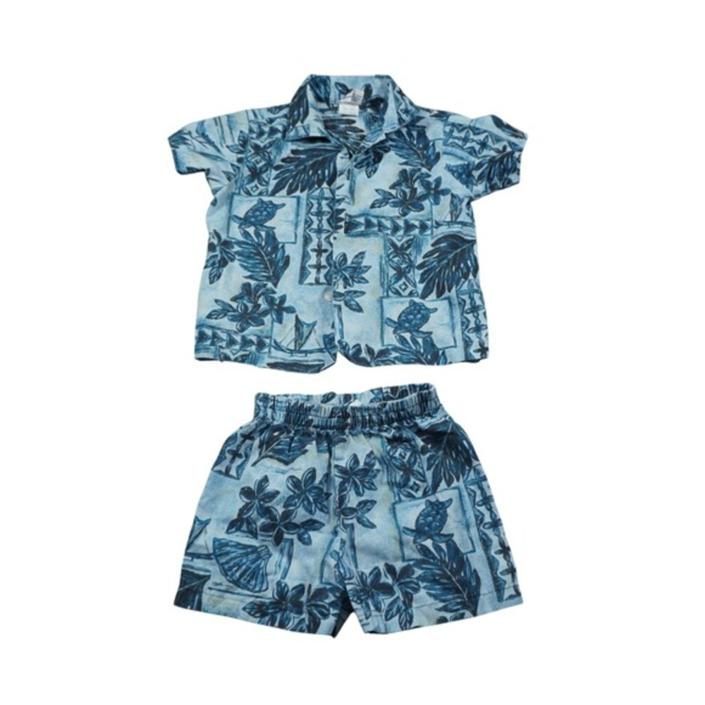 Vintage Kole Kole Hawaii Kids 3T Aloha Shirt Shorts Set Blue Sea Turtle Floral